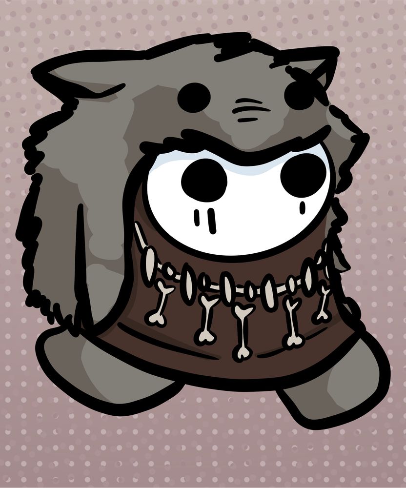 An among us bean of Jakezsr of a white masked character in a brown outfit, and a grey fur hood, with a bone necklace. 