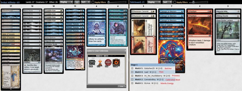 1 Island
1 Aether Spellbomb
4 Mox Opal
4 Seachrome Coast
1 Hallowed Fountain
4 Thoughtcast
1 Spirebluff Canal
3 Metallic Rebuke
3 Spire of Industry
3 Mox Amber
4 Emry, Lurker of the Loch
1 Shadowspear
1 Tormod's Crypt
4 Urza's Saga
4 Portable Hole
1 Otawara, Soaring City
1 Haywire Mite
4 Mishra's Bauble
1 Lavaspur Boots
4 Tamiyo, Inquisitive Student
4 Kappa Cannoneer
2 Starting Town
4 Pinnacle Emissary

1 Pithing Needle
2 Ethersworn Canonist
2 Whipflare
1 Wear/Tear
3 Force of Negation
1 Soul-Guide Lantern
1 Test of Talents
1 Haywire Mite
3 Consign to Memory