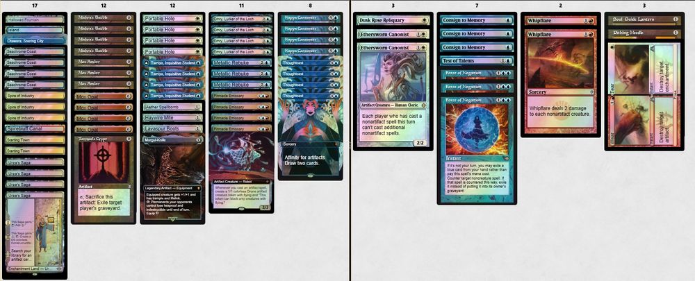 1 Aether Spellbomb
4 Emry, Lurker of the Loch
1 Hallowed Fountain
1 Haywire Mite
1 Island
4 Kappa Cannoneer
1 Lavaspur Boots
3 Metallic Rebuke
4 Mishra's Bauble
3 Mox Amber
4 Mox Opal
1 Otawara, Soaring City
4 Pinnacle Emissary
4 Portable Hole
4 Seachrome Coast
1 Shadowspear
3 Spire of Industry
1 Spirebluff Canal
2 Starting Town
4 Tamiyo, Inquisitive Student
4 Thoughtcast
1 Tormod's Crypt
4 Urza's Saga

SIDEBOARD:
3 Consign to Memory
1 Dusk Rose Reliquary
2 Ethersworn Canonist
3 Force of Negation
1 Pithing Needle
1 Soul-Guide Lantern
1 Test of Talents
1 Wear/Tear
2 Whipflare