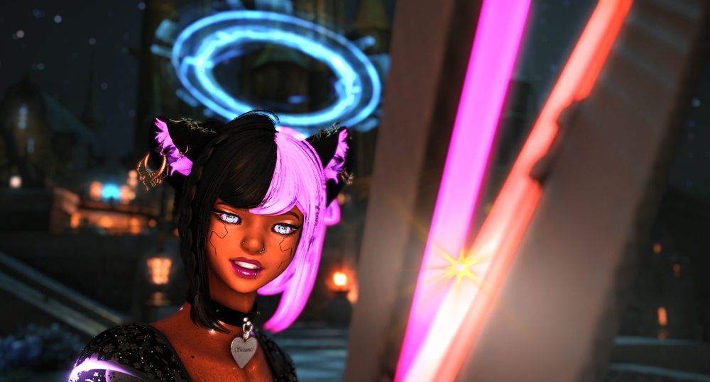 Picture of Ery, a magenta and black miqo'te. She's crossing blades with an offscreen opponent, a whimsical grin on her face.