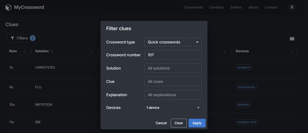 New "your clues" page showing the filter dialog