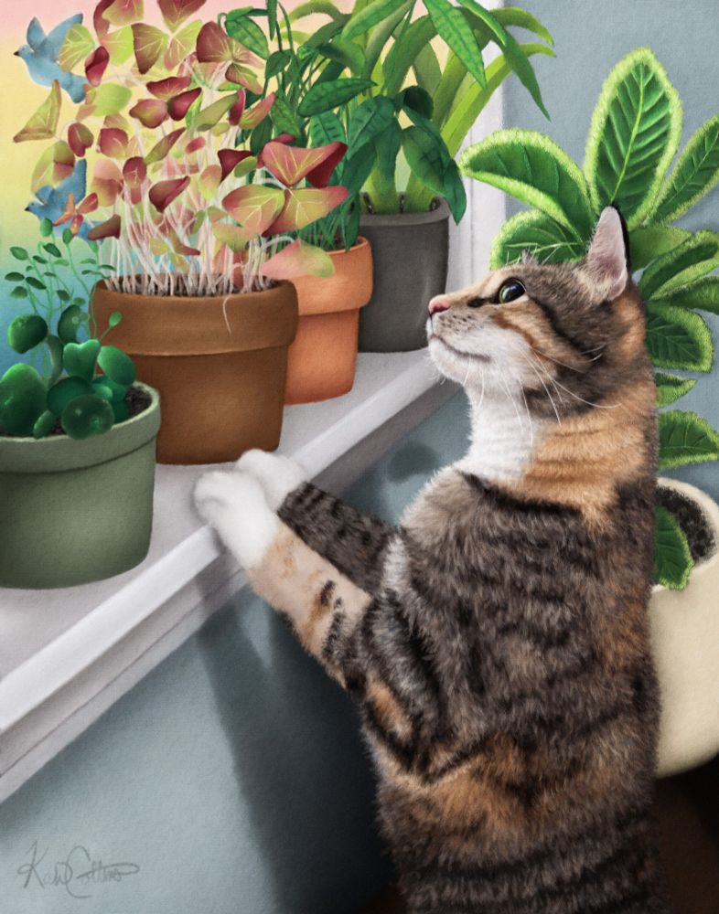 A calico cat stands on her hind legs, with her two front legs resting on a window sill. She is staring out the window, where potted plants are perched, to the setting sun and birds behind. 