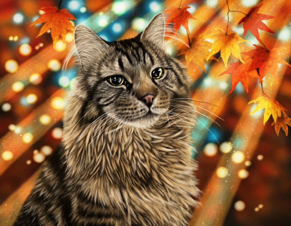 A painting of a long haired brown tabby cat. He stands before an abstract autumn background, with bokeh and rays of lights shining through orange and yellow leaves. There's just the hint of a blue sky behind the distant trees, but everything behind him is too soft and out of focus to be sure. 