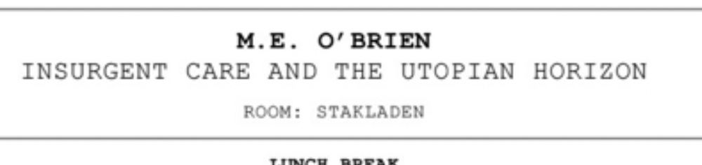 M.E. O' BRIEN
INSURGENT CARE AND THE UTOPIAN HORIZON ROOM: STAKLADEN in Courier, excerpted screenshot from a conference program