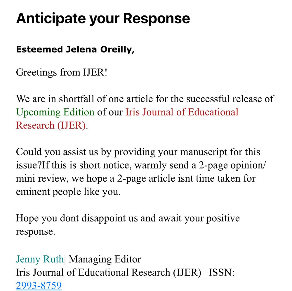 Email soliciting academic journal contributions. 