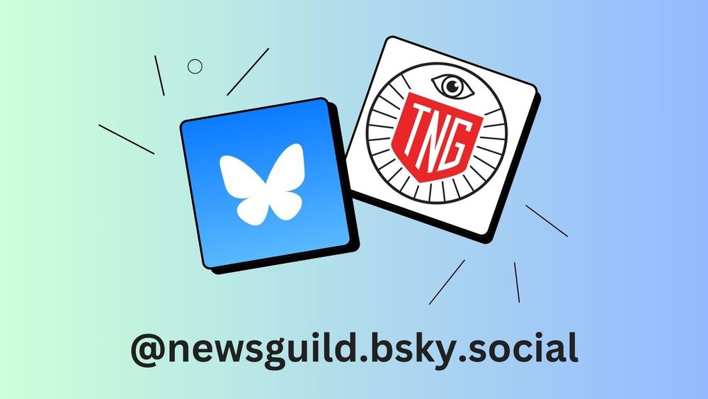 Bluesky and The NewsGuild logos interact on a blue gradient with the NewsGuild username underneath: "@newsguild.bsky.social"
