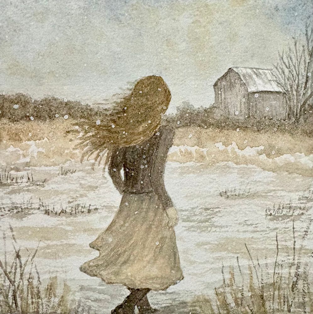A watercolor image of a young girl walking across a field towards an old barn while the wind is blowing and snow is falling.