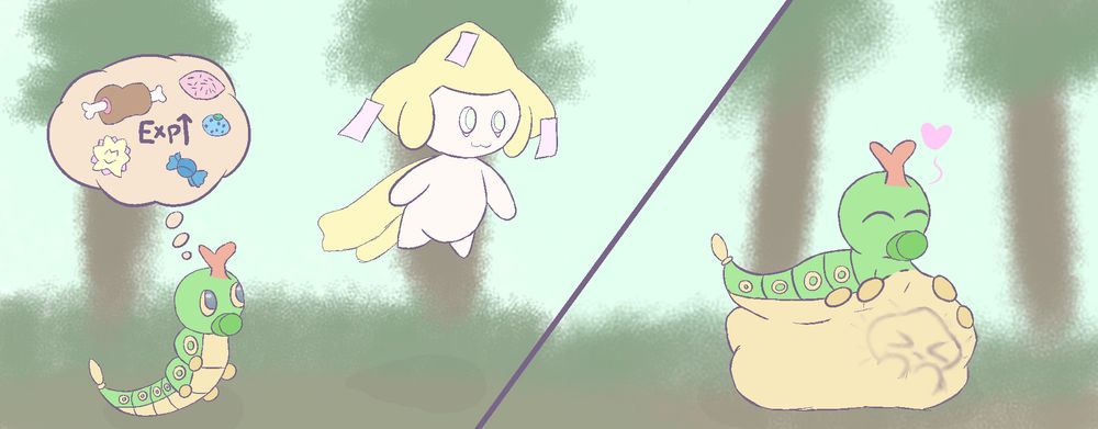in the first scene; a caterpie longingly looks at a jirachi floating by, the caterpie thinks the jirachi would make for easy exp and a tasty meal.
in the second scene; the caterpie has managed to swallow the jirachi whole, now happy with its full belly.