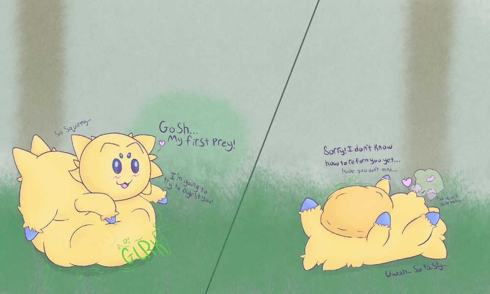 A small yellow joltik (Sprinkle) squishes her massive belly as the prey inside (slep) squirms around.  Sprinkle's tummy audibly "Glrk's".  Sprinkle is amazed by her first meal "Gosh... My first prey!" "So squirmy..." and "I'm going to try to digest you!".  

She successfully digests slep, rolling over onto her back and lets out a soft burp, belching up one of slep's wish tags.  She carelessly says "Sorry! I don't know how to reform you yet... hope you don't mind..." along with "So quick and easy" "Uwah... so tasty...". 