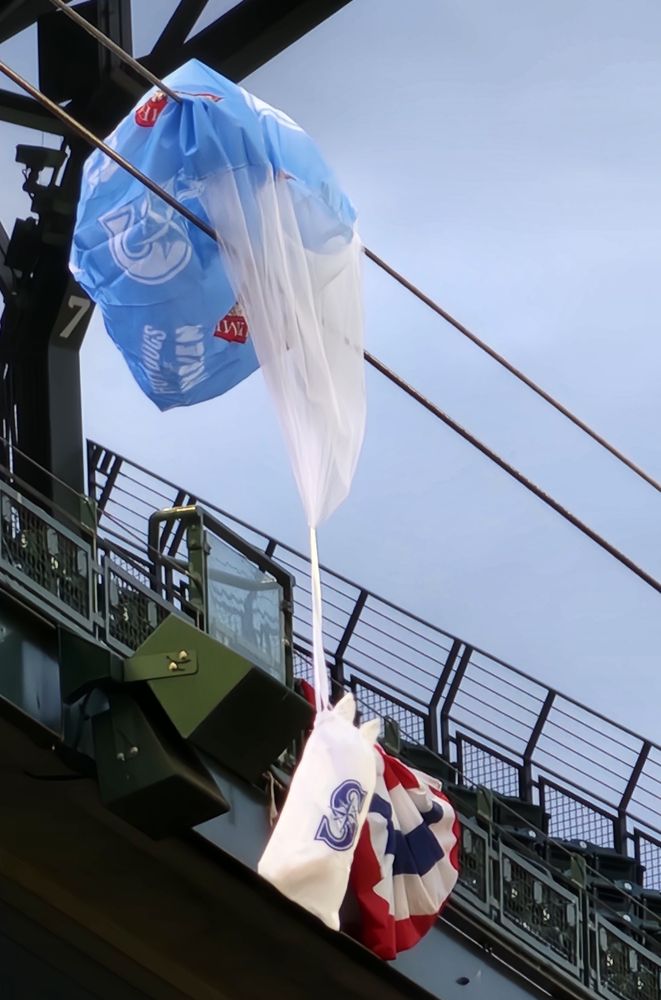 A hotdogs from heaven parachute stuck in the Mariners wire cam wires. 