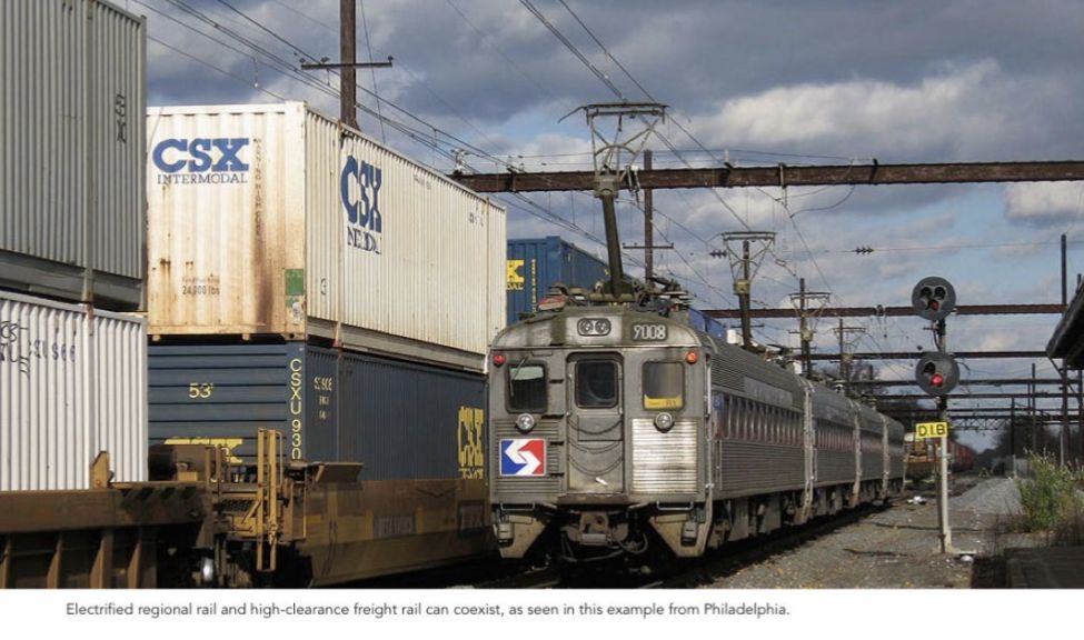 photo of a septa passenger train next to a double stacked container train
