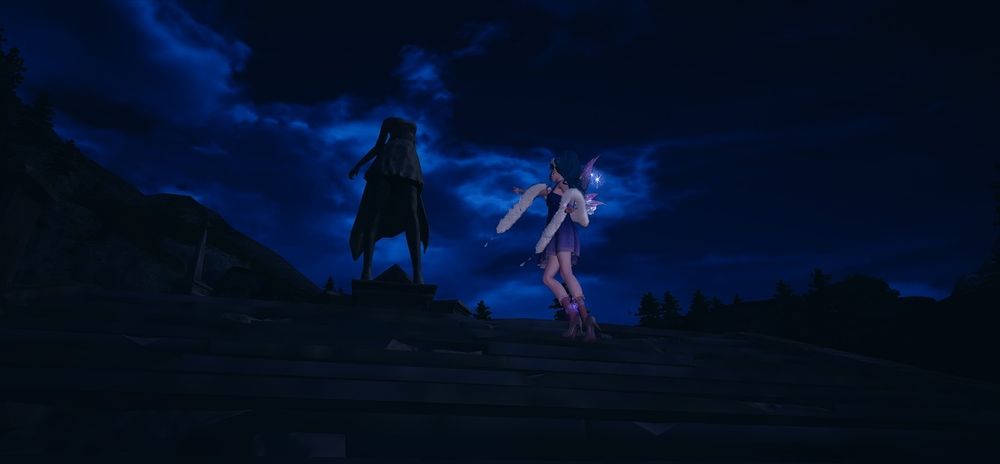 Photo mode from infinity nikki, nikki is posed in front of the wishing memorial statue pointing up at it. The angle and lighting suggest she plans to fight that thing like attack on titan