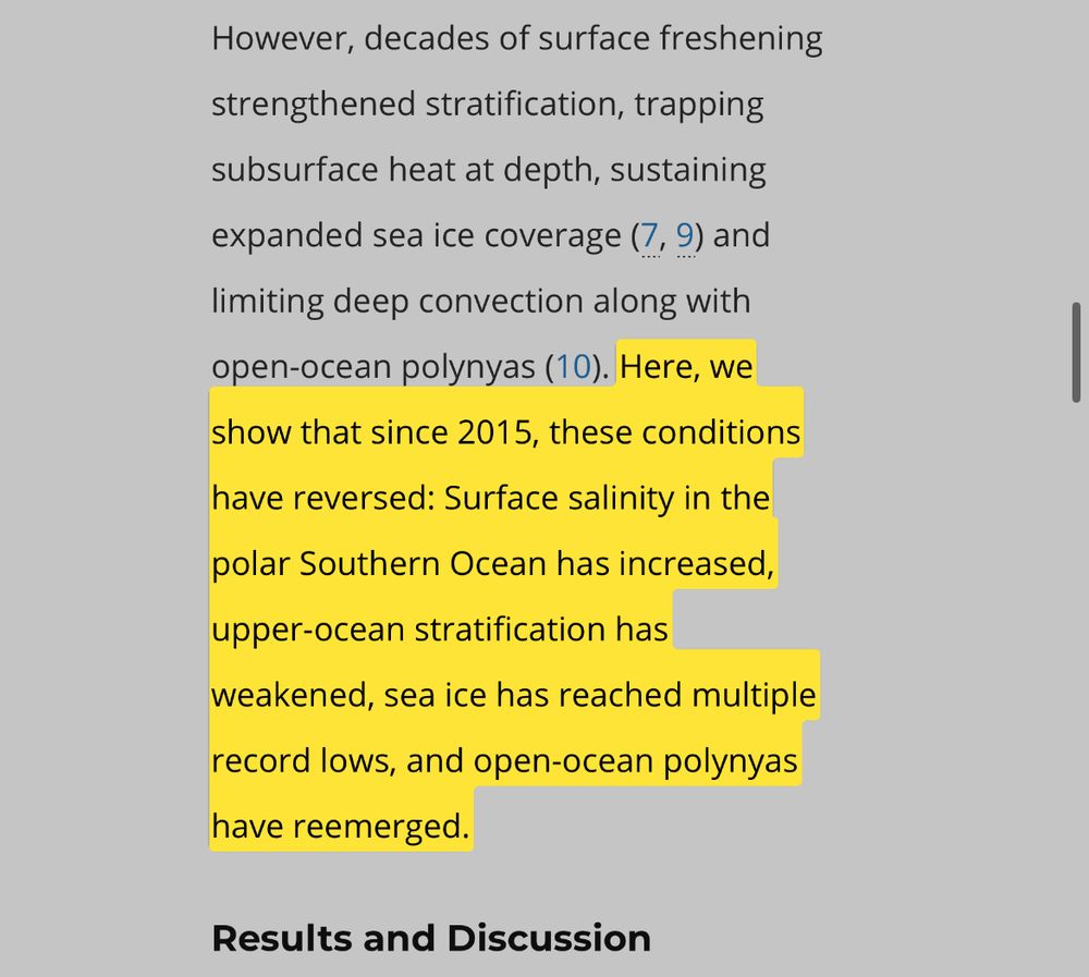 "Here, we show that since 2015, these conditions have reversed: Surface salinity in the polar Southern Ocean has increased, upper-ocean stratification has weakened, sea ice has reached multiple record lows, and open-ocean polynyas have reemerged."