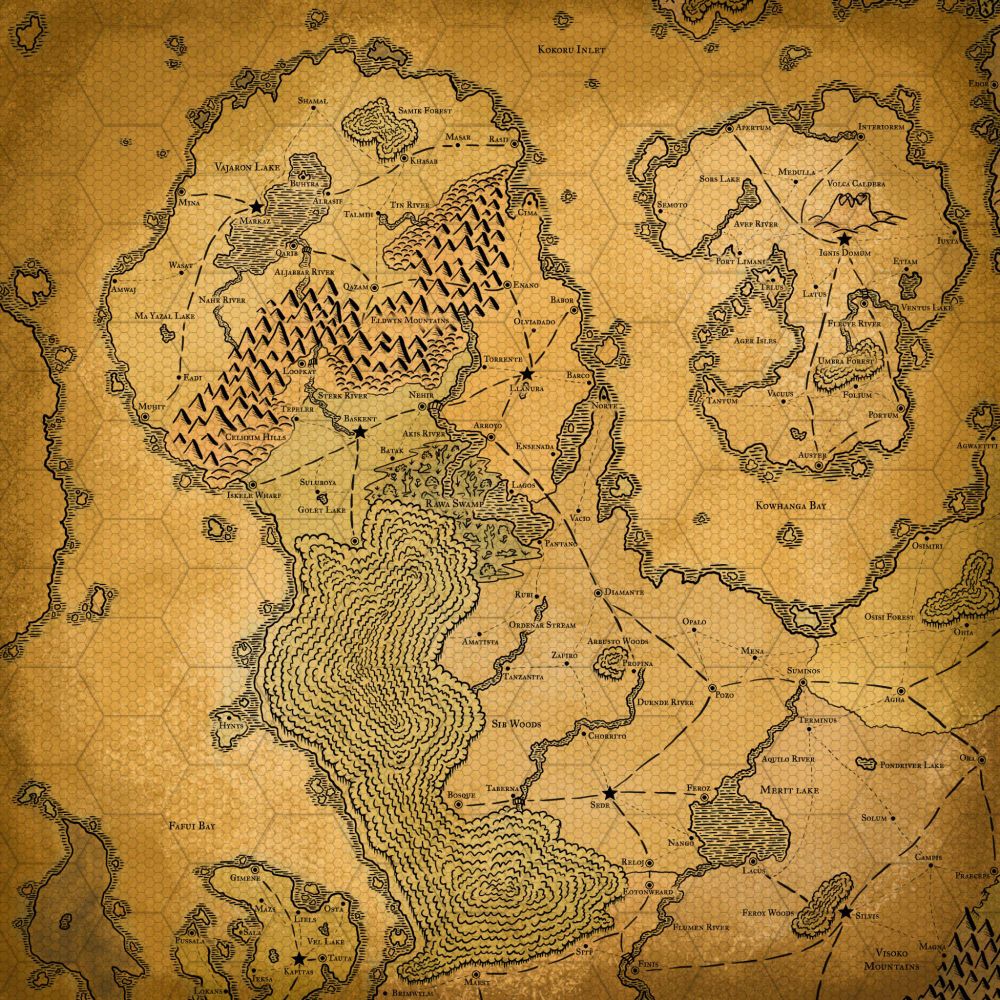 Fantasy map showing a peninsula with various surrounding islands. A large forest and part of a mountain range is shown as well as a rivers, lakes, and even a swamp. Roads and majors cities as well as boundaries if countries are depicted throughout. 