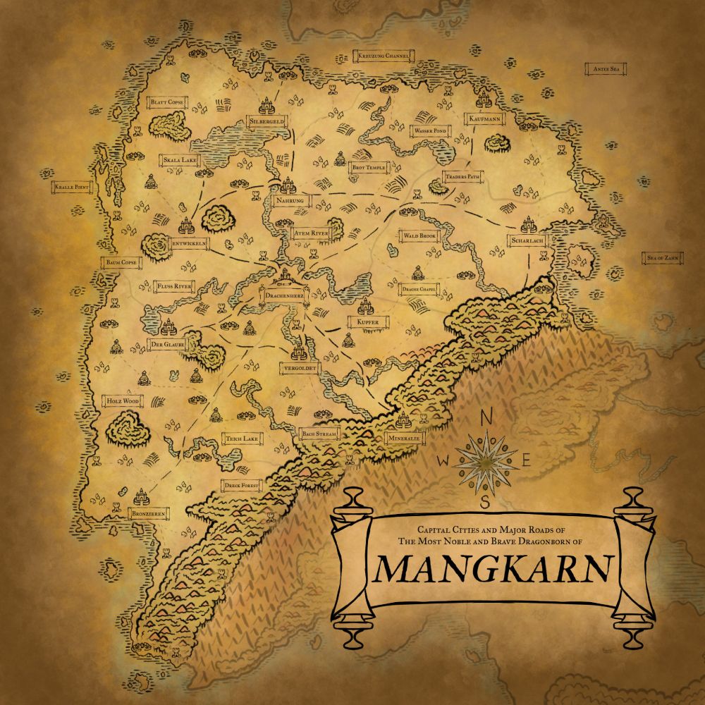 A fantasy map from the artists dnd homebrew setting for some dragonborn. Various towns, cities, and natural landmarks are depicted including major roadways.