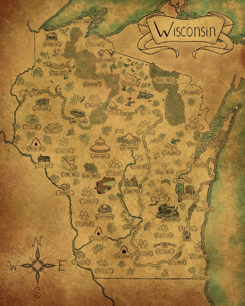 Digitally drawn map of the state of Wisconsin in a fantasy style. 