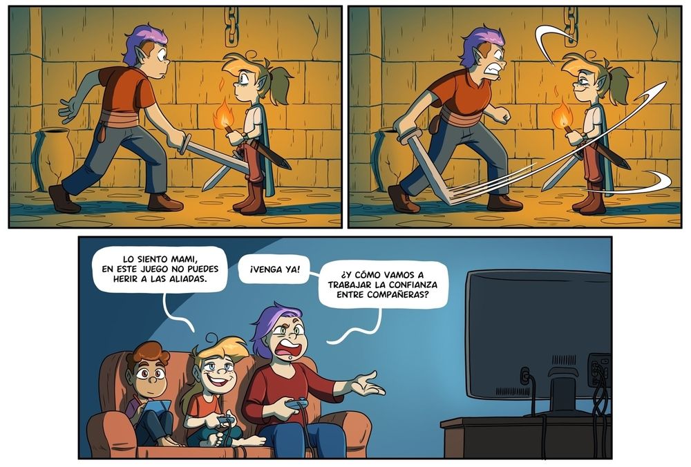 Tras el ataque con espada, vemos que a Astrid no le ha pasado nada y Bárbara la mira sorprendida. Acto seguido la intenta atacar de nuevo sin éxito.
En la última viñeta vemos que todo era parte de un videojuego, mientras Astrid sonriendo le dice a Bárbara: lo siento mami, en este juego no puedes herir a las aliadas." A lo que Barbara indignada responde: "¡Venga ya! ¿Y como vamos a trabajar la confianza entre compañeras?"