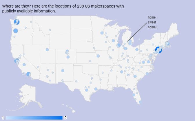 Map of the US with dots in many locations indicating makerspaces, many in the Maryland DC corridor and many clustered in Washington/oregon
