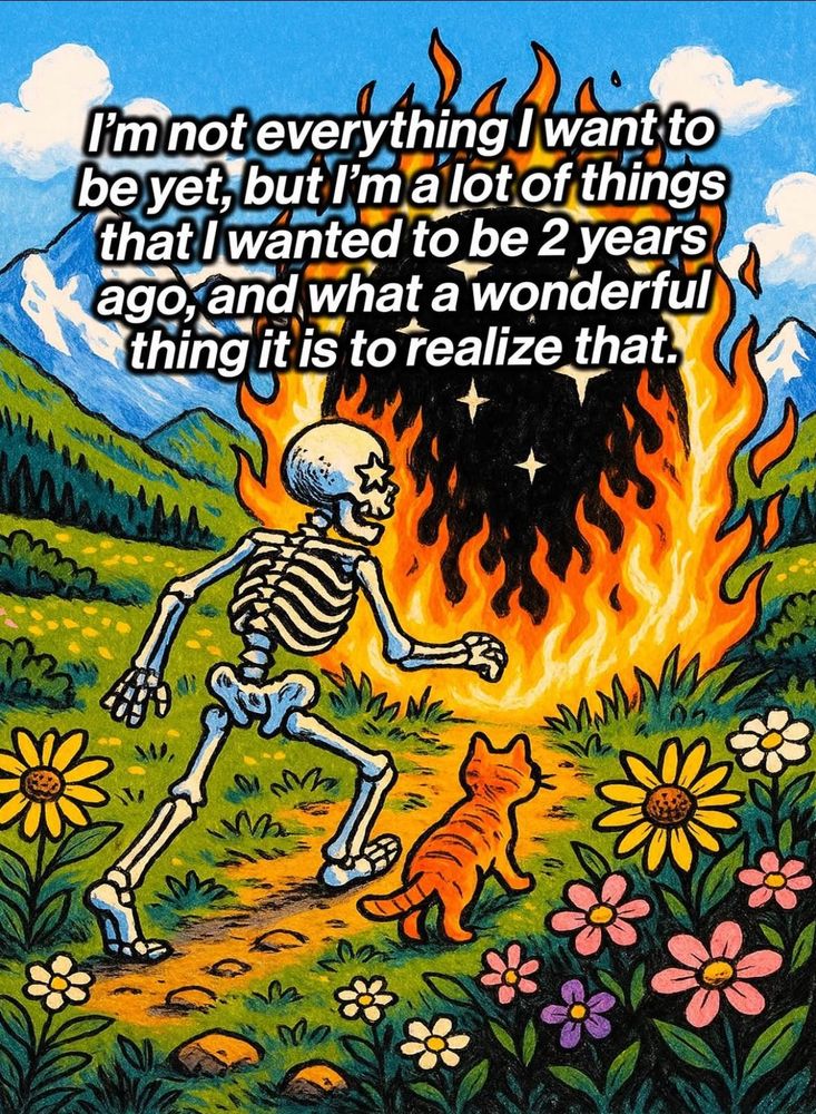 A skeleton and a cat walking into a burning portal with the caption: "I'm not everything I want to be yet, but I'm a lot of things that I wanted to be 2 years ago and what a wonderful thing it is to realize that."
