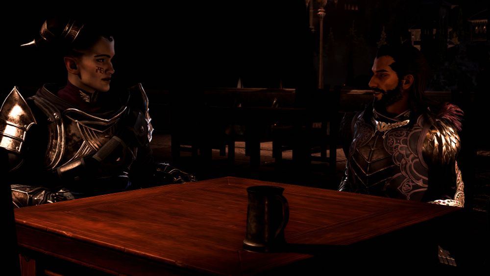 Kione and Lucanis sharing a coffee.