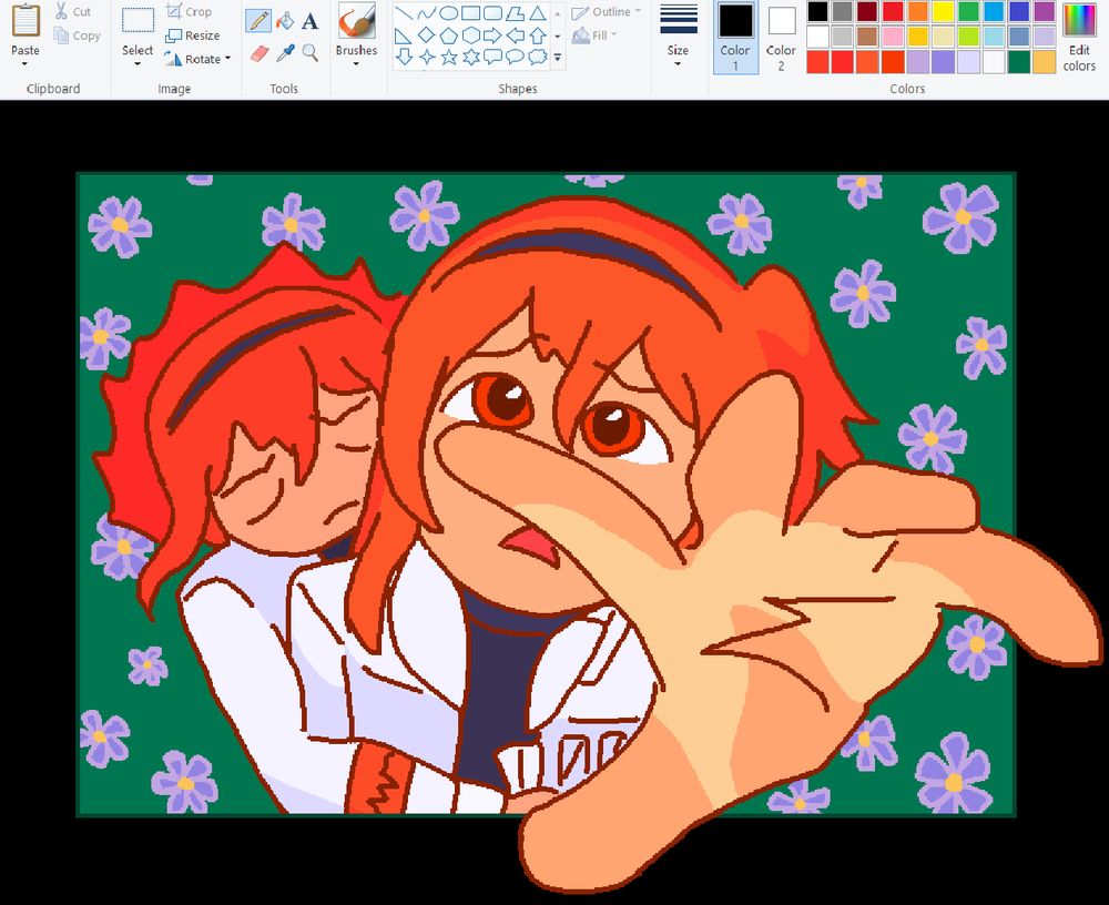 an orange-haired robot girl desperately reaches up towards viewer, towards the sky. an identical robot girl hugs her from behind, regretfully, as if telling her to give up. surrounding the pair is a field of white flowers. the drawing is done on m.s. paint.