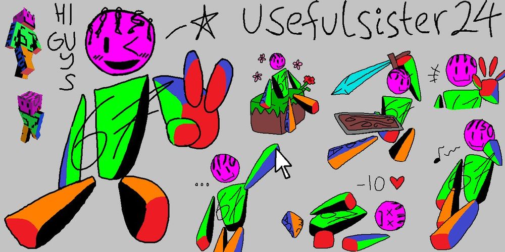 a collection of cute drawings of a smiling geometric humanoid character with a comically ugly bright color palette based on a minecraft skin
