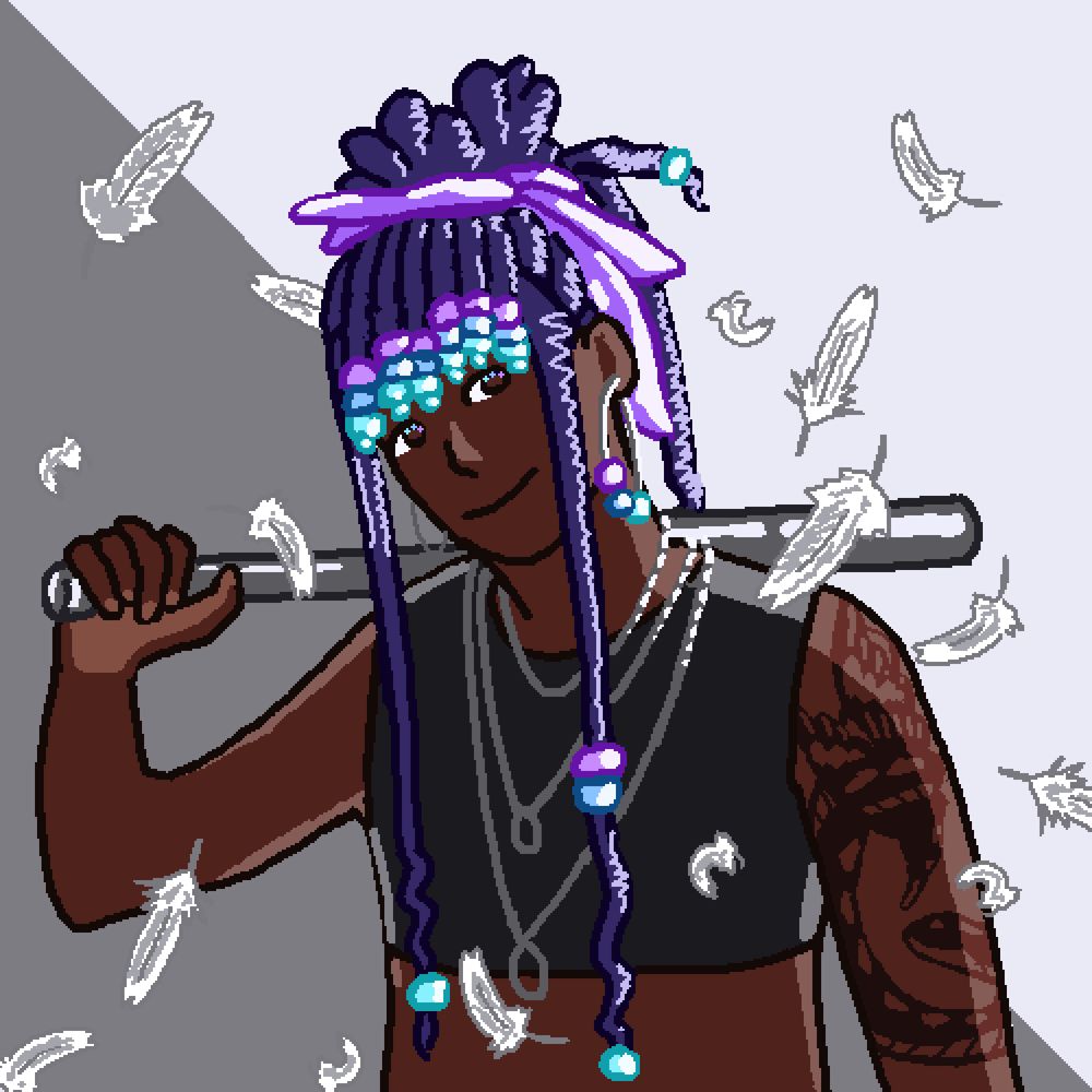 drawing of a person with long dark purple hair with colorful beads and tied up into a messy bun, dark eyes, and dark skin, wielding a bat and wearing a binder, silver hoop earrings, and chain necklaces. 
