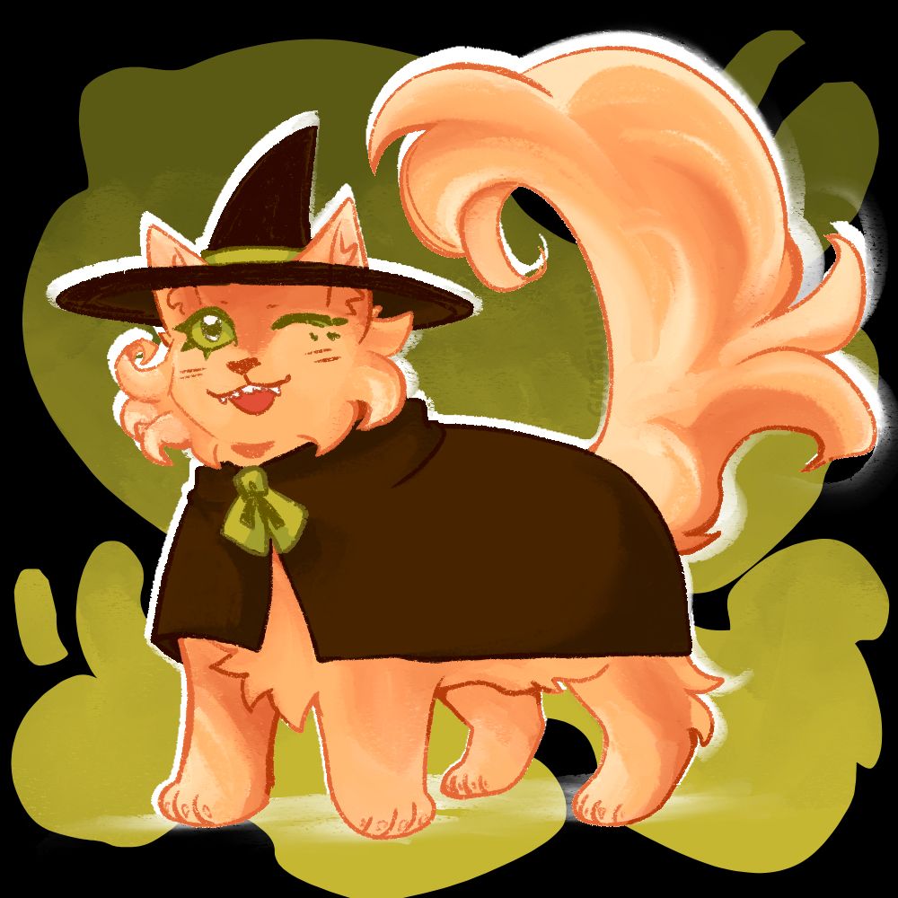A digital drawing of an orange-flame colored cat wearing a cloak and witch hat, her eyes and the outfit’s accents are green. The background is green abstract shapes like smoke.