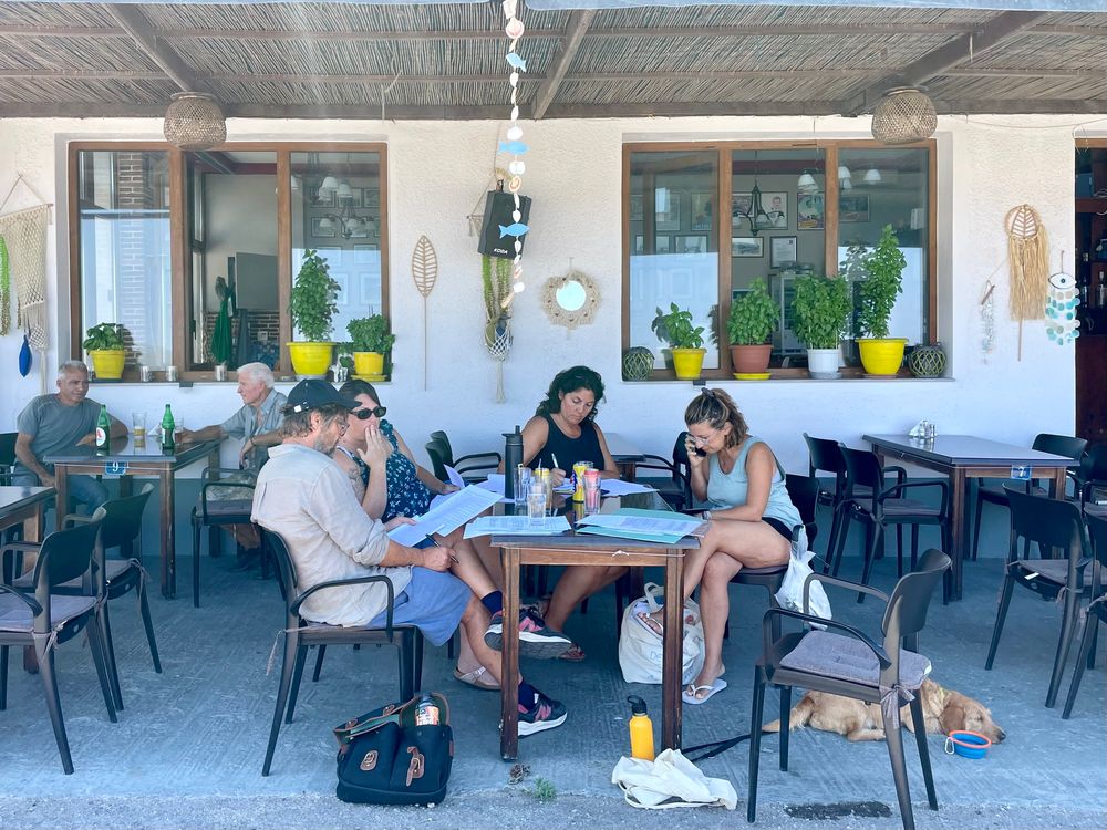 Back in class, this time down by the harbour in Cavo d’Oro restaurant on a windless morning