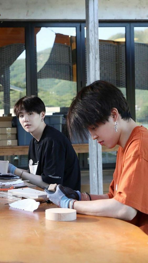 During in the soop s1 jimin is trying woodworking and yoongi is watching over him so he doesn’t accidentally hurt himself 