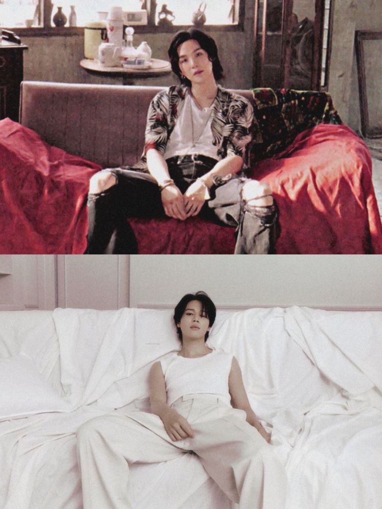 On the top a pic of haegeum yoongi sitting manspreading and looking too damn attractively at the camera and below a pic of jimin for face all dressed in white also sitting down manspreading on a sofa covered by a white sheet. They’re too fucking hot