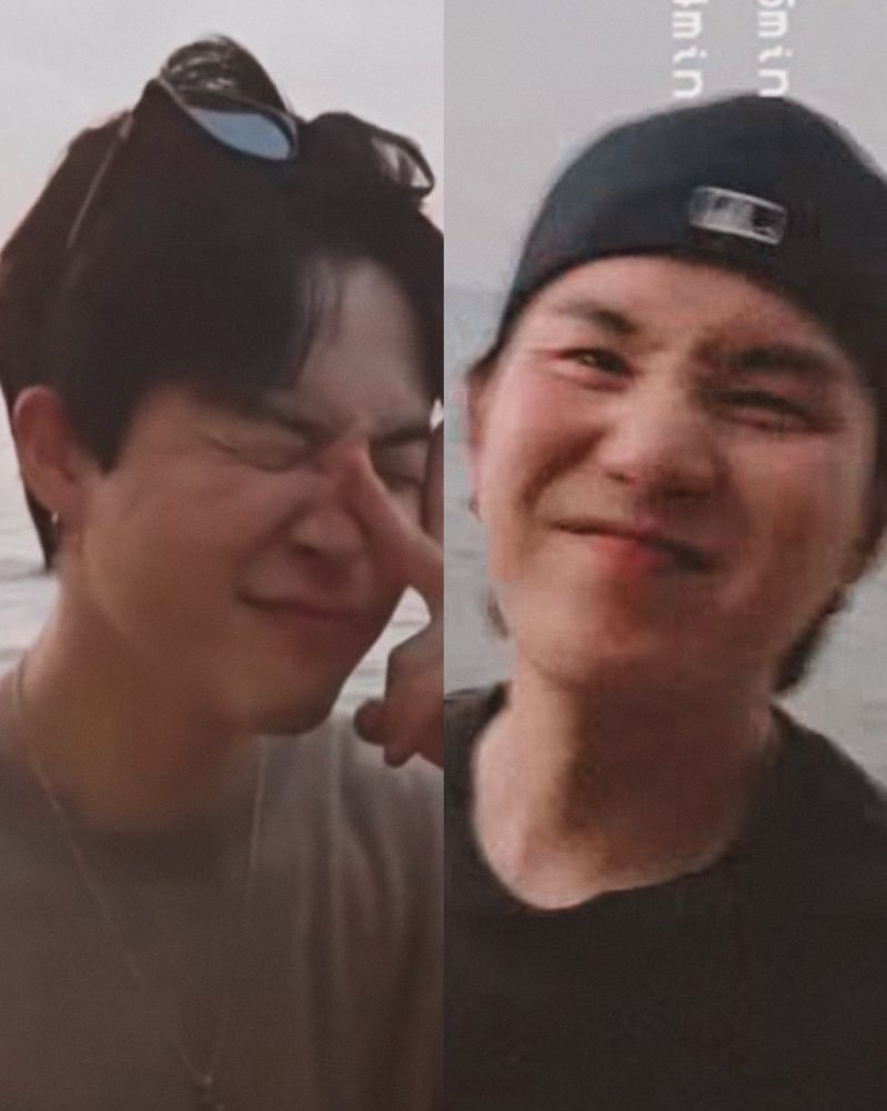 jimin and yoongi with their cute nose scrunches from hobi’s video uploaded to instagram