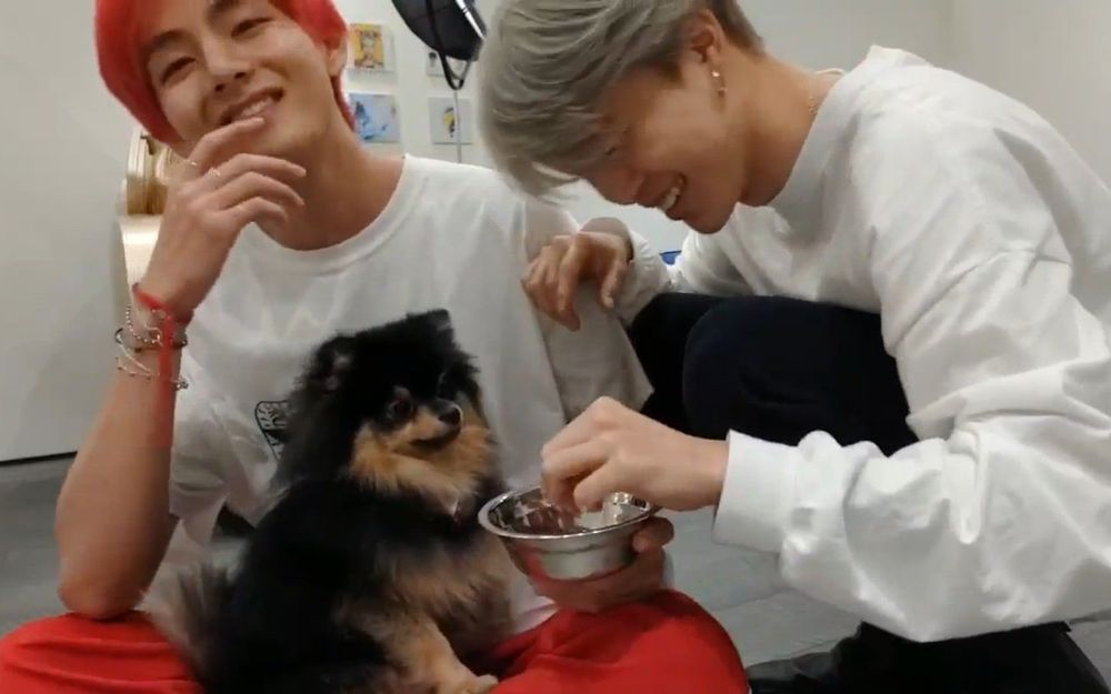 Kim Yeontan sitting on his dad Tae's lap. he looks small and cute. tae's hair is red and he's smiling, jimin is also smiling and feeding yeontan dog food.