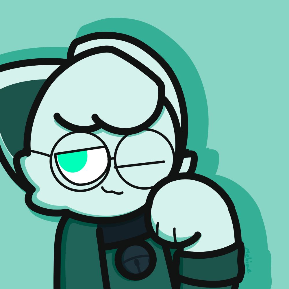 A headshot artwork of cat Mebi (aka Cabi), his body slightly tilted and his head straight. He curls his hand beside his face; looking at the viewer with his left eye open, showing bright green. They are wearing a dark blue collar, with a blue bell attached to it.