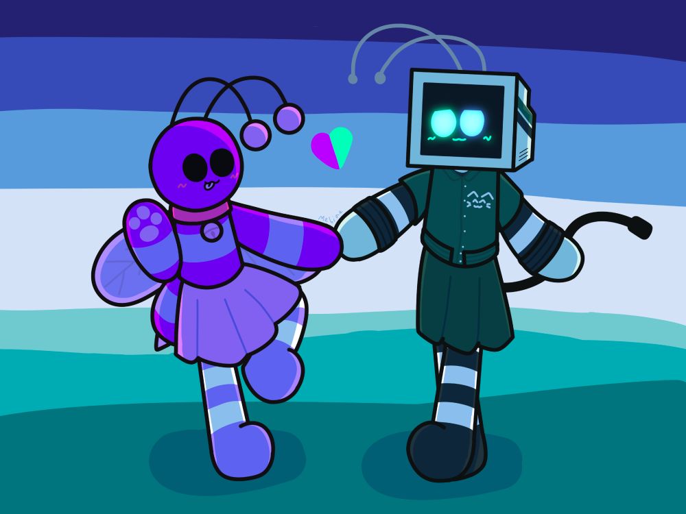 A drawing of Mups (represented by Droobert, his oc) and me, Mebi, holding hands and wearing skirts and thigh highs. They look at each other while blushing. A heart is seen between the two; left side colored purple, right side colored green. The background features a hilly landscape and clear skies, painted with the colors from the MLM flag.