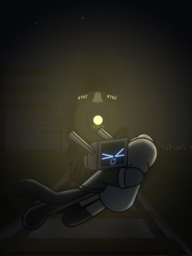 A view on the tracks; a blue TV head robot wearing a conductor's uniform, jumping in to push away a person; wearing a green poncho, off the tracks from an incoming train. The train is question is being pulled by a steam locomotive, numbered 4762; its lamp shines on the two and towards us. Beside the tracks are short telephone poles. In the horizon are distant cities; few stars in the night sky.