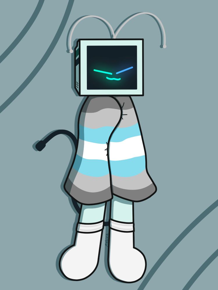 Mebi standing with a demiboy flag blanket wrapped around their body; also wearing socks. They show off a comfy expression.