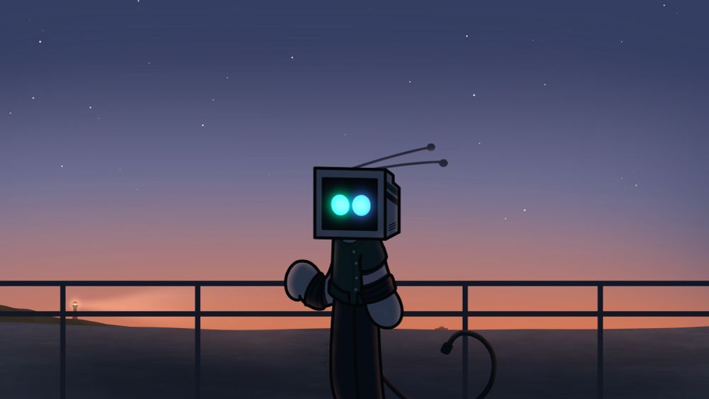 Mebi standing before the railing, turned around to look at the viewer; with one hand still on the railing. The landscape shows the vast ocean at sunset; an island can be seen on the left, with an active lighthouse. In the horizon, a ship can be seen sailing.
