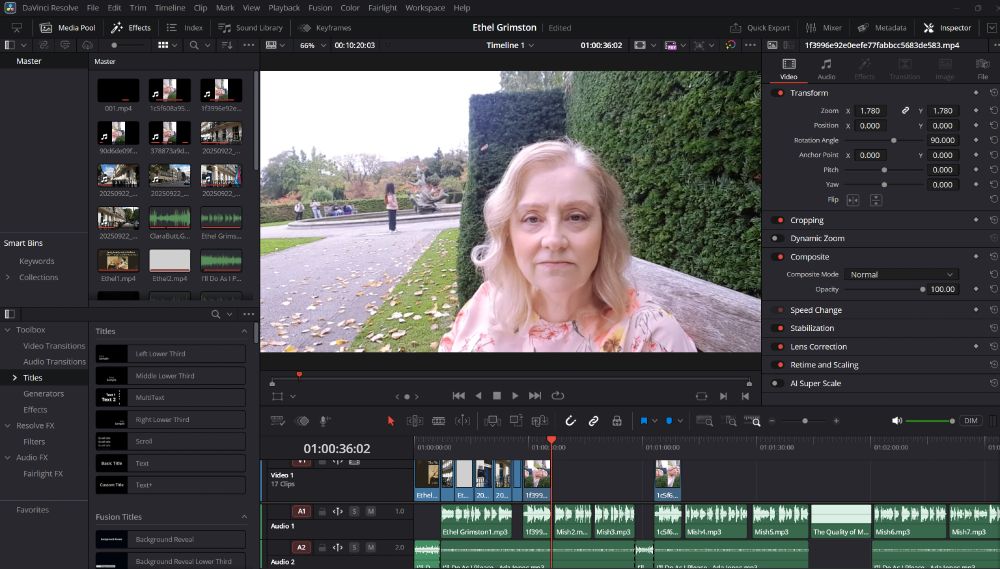 Screenshot of Davinci Resolve dashboard showing an edited timeline and a preview of footage of a blonde woman talking to camera in a park.