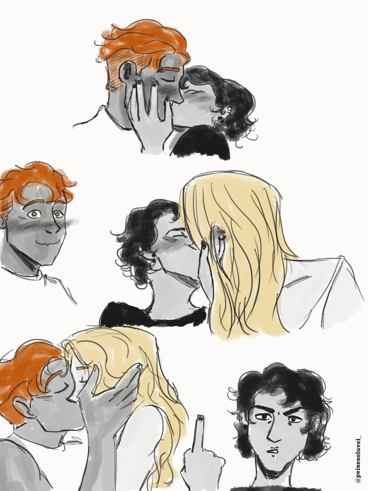 Harrowhark kisses gideon. Then kissed ianthe while gideon smiles at the camera. Then gideon and ianthe make out and harrow gives the middle finger to the camera