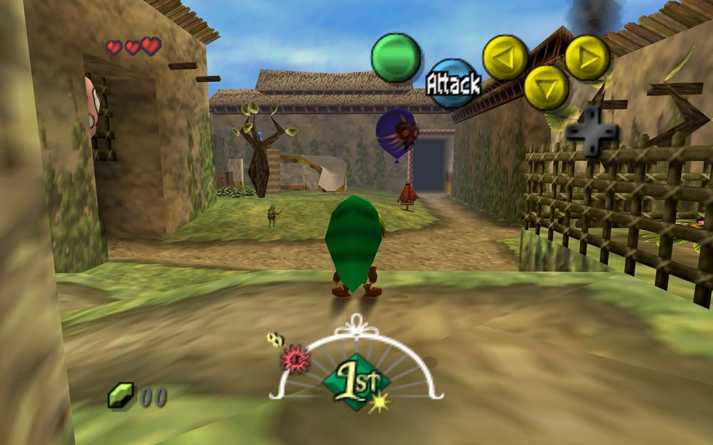 A screenshot of Majora's Mask clock town, prominently featuring Deku Link in the center