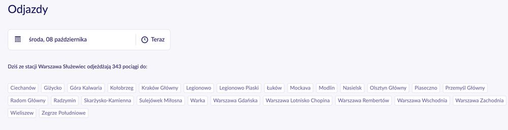 Screenshot ze strony z rozkładem jazdy pociągów ze stacji PKP Warszawa Służewiec.