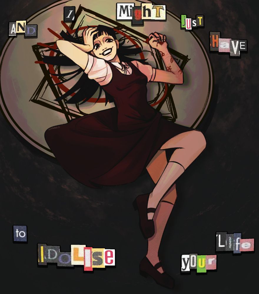 ID: Digital art of Samarie from Fear and Hunger 2 Termina. She's lying on the ground, one hand on her head as she grins widely. Her hips are turned so that one leg is over the other. Her other hand is beside her head, palm closed around blood, and sigils of the gods carved into her arm. Below her head is an asymmetrical circle with a Gro-Goroth symbol drawn on it. There's a sentence made from cut up letters around her, saying "And I might just have to idolise your life". End ID