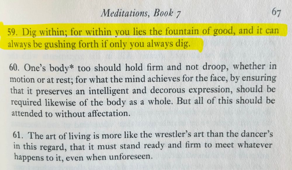 Book page with this line highlighted: Dig within; for within you lies the fountain of good, and it can always be gushing forth if only you always dig. 