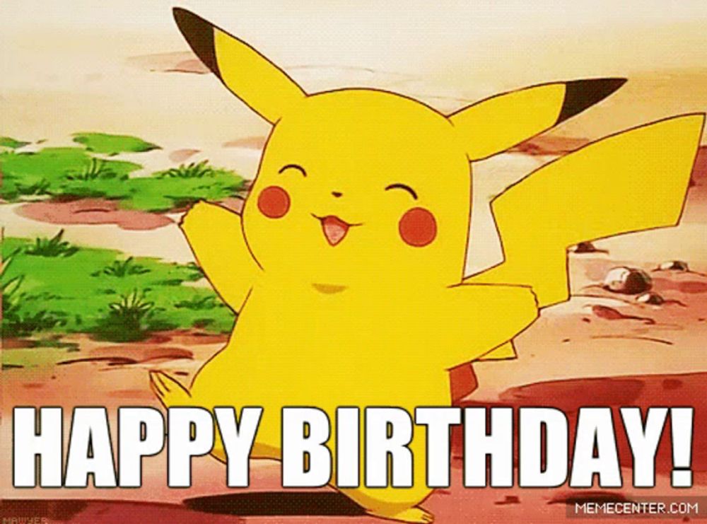 a pikachu says " happy birthday " in front of a field