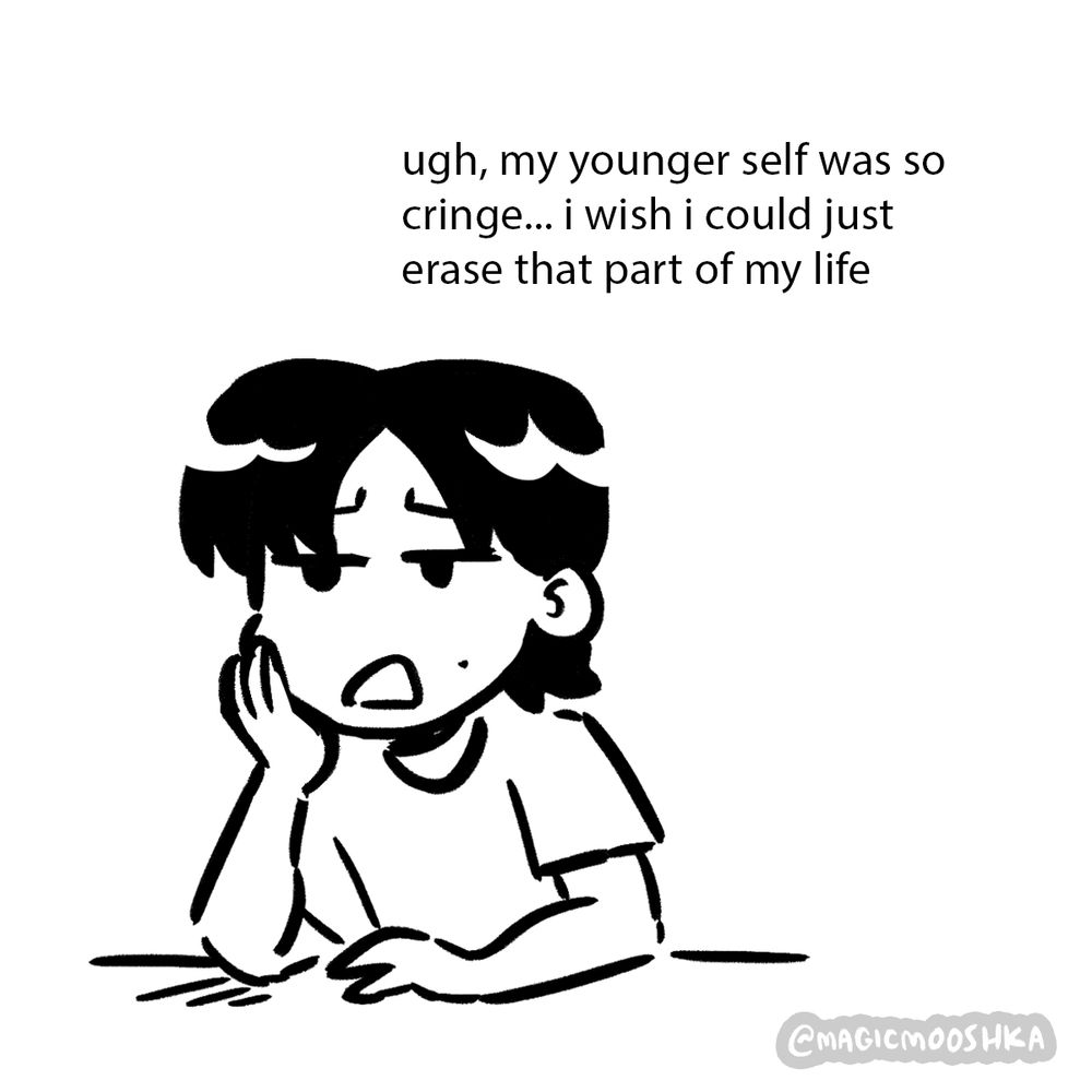 Feeb sits forlornly with her face resting in her hand.
Feeb: [Ugh, my younger self was so cringe… I wish I could just erase that part of my life]