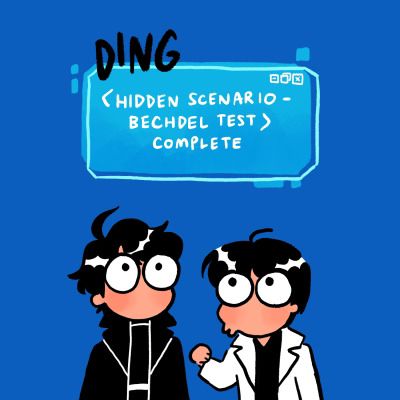 A scenario notification pops up above their heads with a [DING]. It reads: [<Hidden Scenario - Bechdel Test> Complete.] Junghyeok and Dokja stare at it in shock. The background color is now blue.