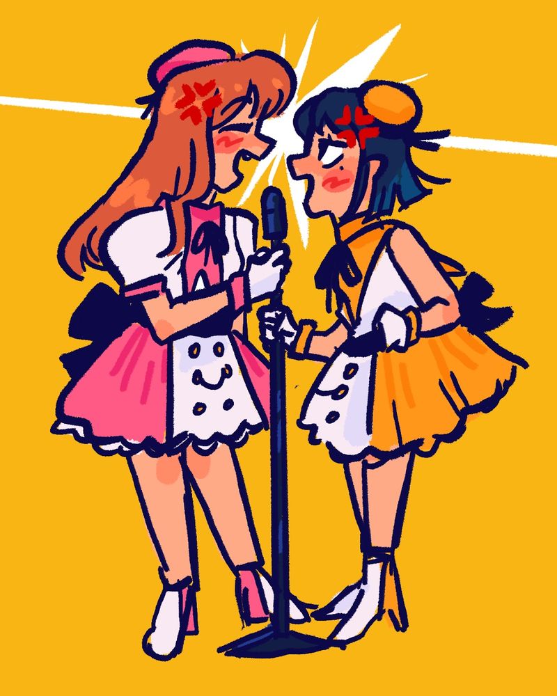 colored digital sketch of Utatane Yasumi and Yugure Yuhi from “The Many Sides of Voice Actor Radio” sharing a microphone and wearing their idol outfits. They are annoyed at each other, gripping the microphone stand tightly with angry red manga-style tics in their foreheads. Their smiles are strained, and a white burst of tension explodes where their eyes would meet.