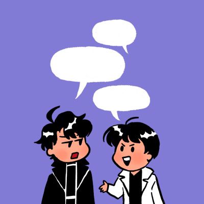 chibis of Junghyeok Yu and Dokja Kim from Omniscient Reader’s Viewpoint conversing against a light purple background. Their speech bubbles are empty. Junghyeok looks somewhat annoyed while Dokja has a mischievous smile.