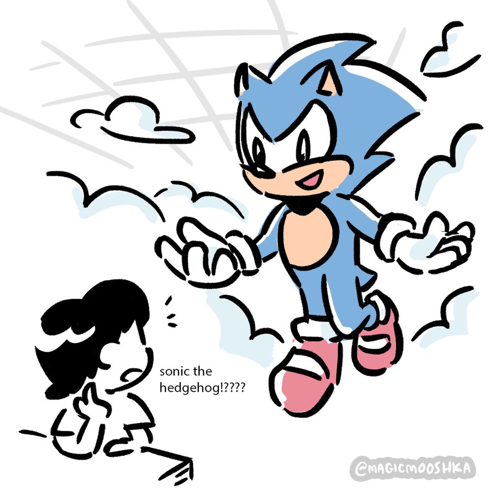 Feeb turns. Sonic the Hedgehog descends from the heavens like a saint bearing godly wisdom, clouds surrounding him.
Feeb: [sonic the hedgehog!????]